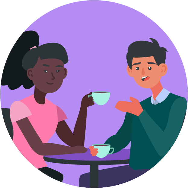 Two people chatting and drinking a hot drink