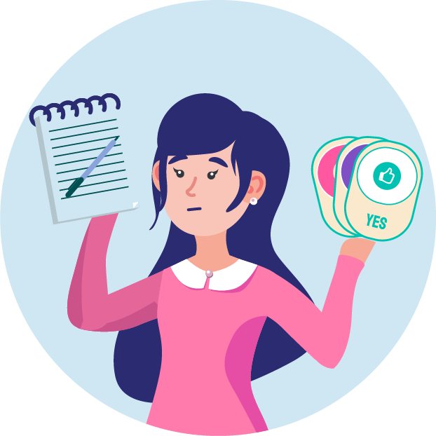 Girl holding up a notepad and flash cards