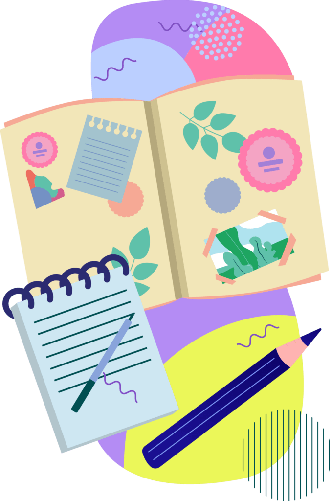 A scrap book, notepad and pencil.