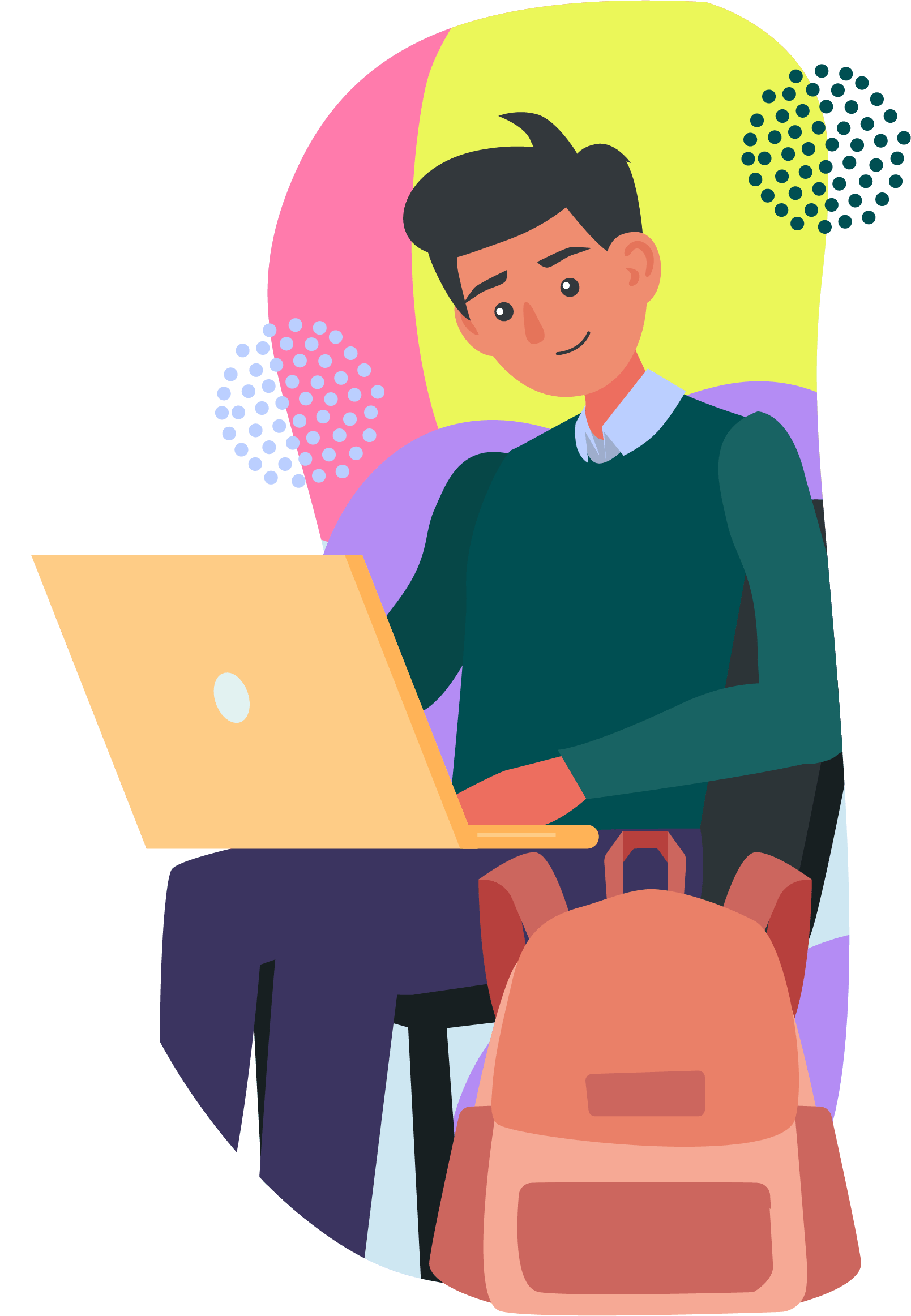 A man working at his laptop with his backpack