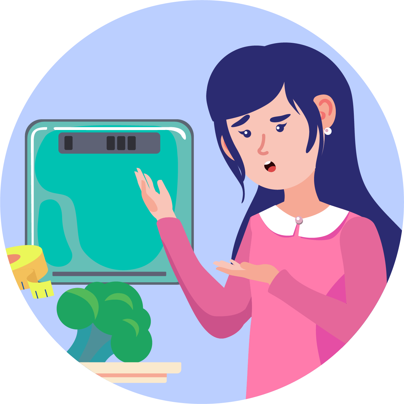 Girl pointing at scales and food